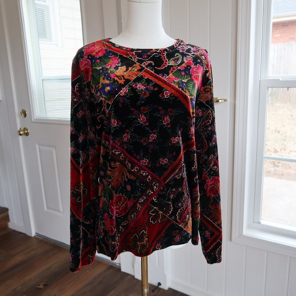 Womens Velvet Patchwork Top M Patchwork Whimsigoth Y2K Indie‎ Sleaze Art Teacher